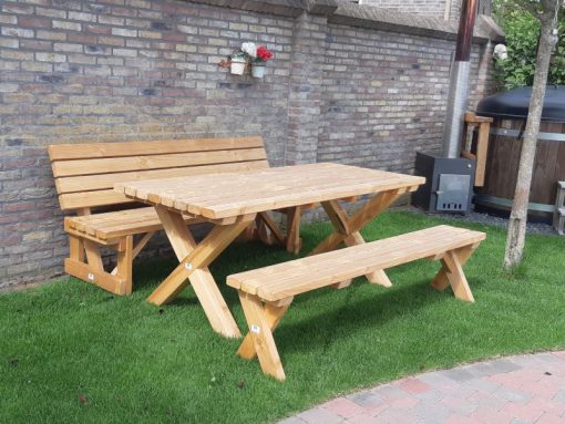 Huiswerk maken rotatie Mantsjoerije Houten tuinset met bank | Tafel met x poot van Douglas hout